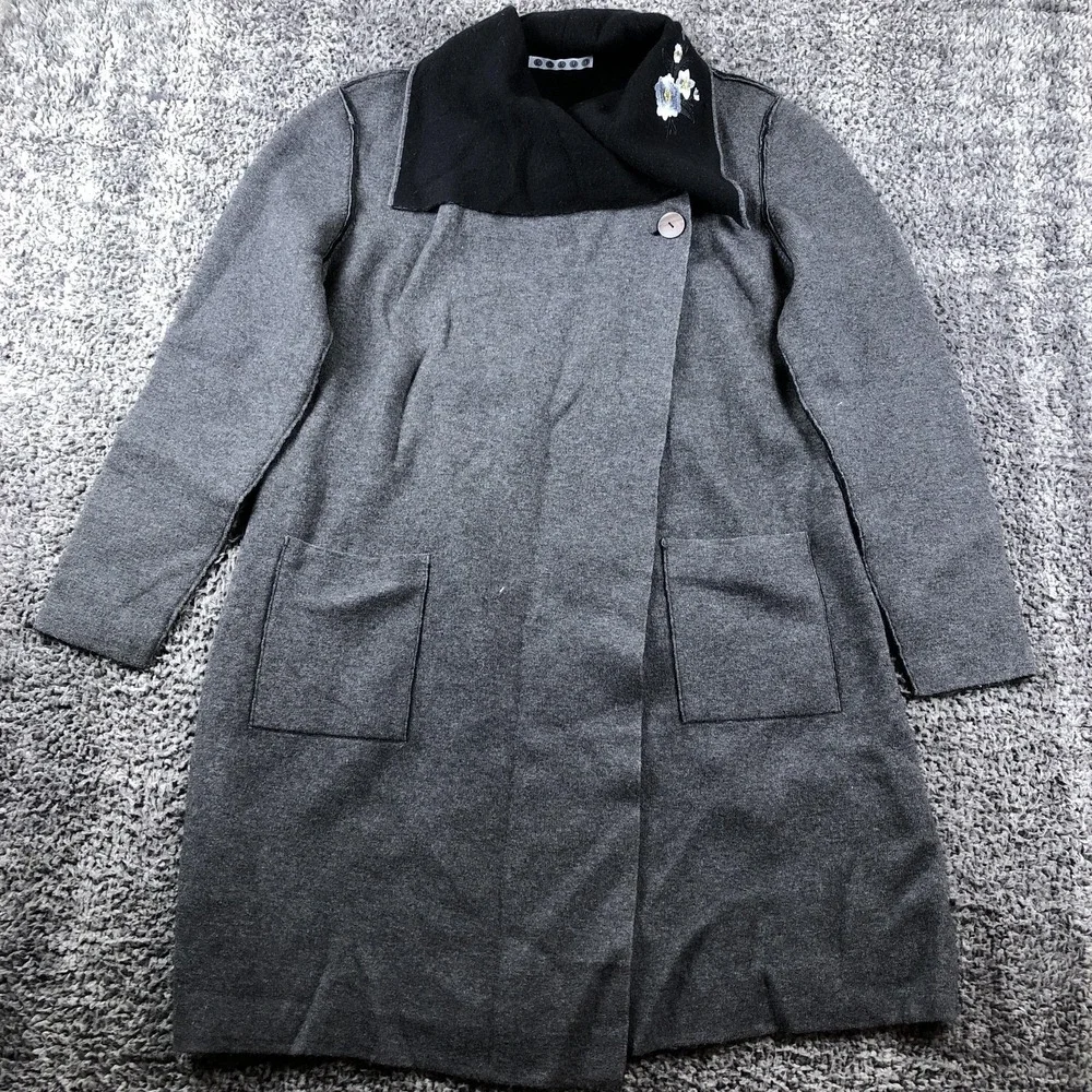 Kokun Coat Womens XL Gray Cashmere Blend Knit Long Floral Embroidered Collar‎